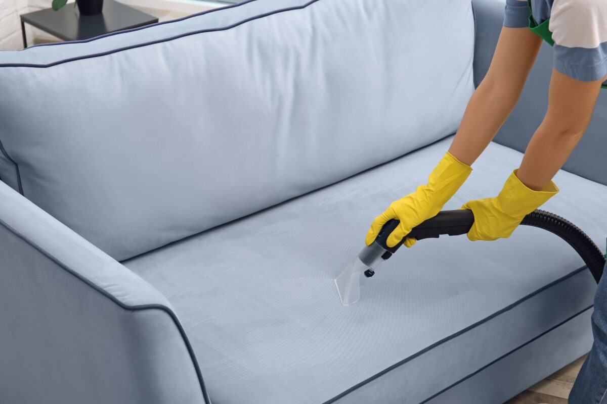 person cleaning blue couch